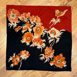 Vintage Vera Neumann 26” square floral Scarf in black, red, orange and‎ tan